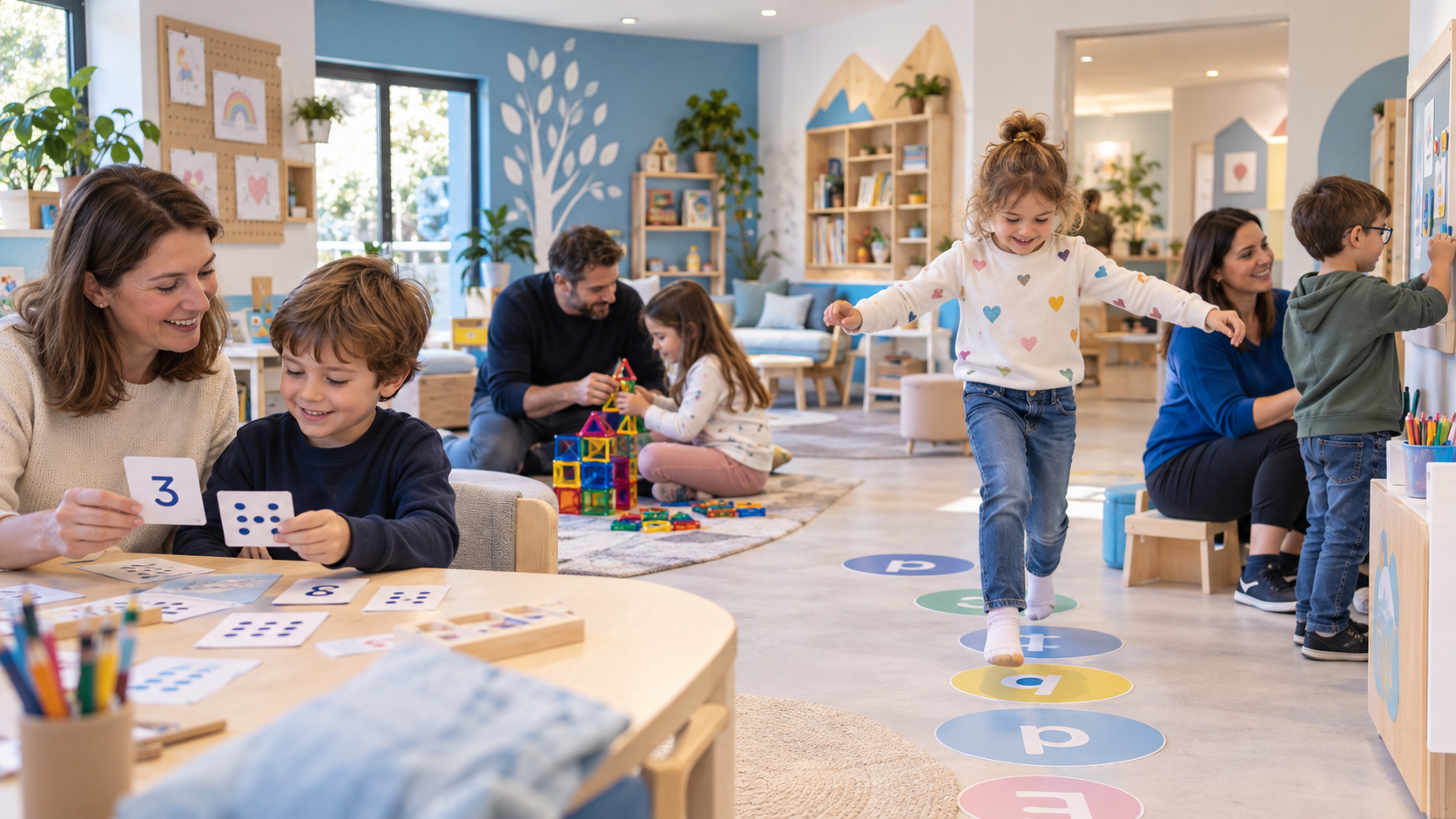 Parents accompagnant leurs enfants avec des activités pédagogiques ludiques