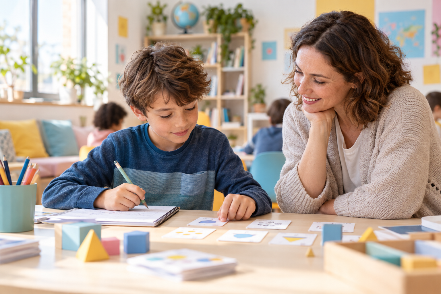 Enfant accompagné avec bienveillance pendant un apprentissage Dys’UP