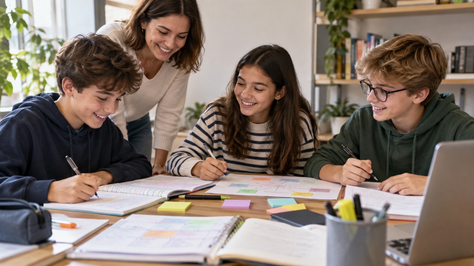 Collégiens travaillant ensemble pendant un accompagnement scolaire