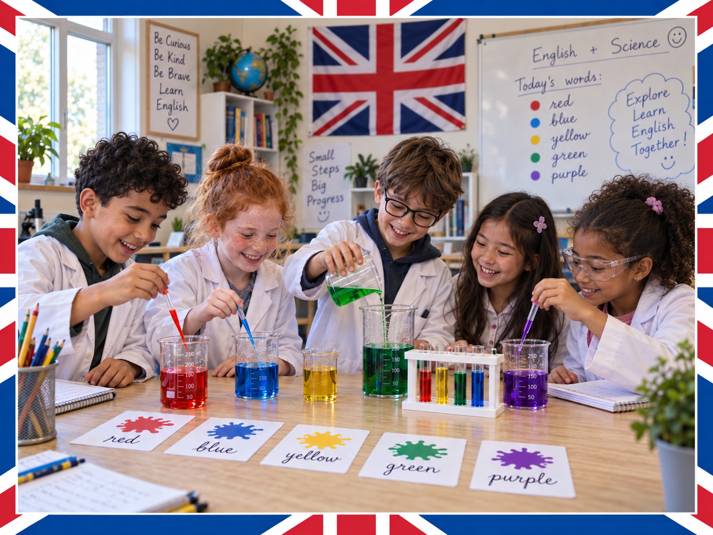 Enfants réalisant des expériences scientifiques lors d’une exploration en anglais
