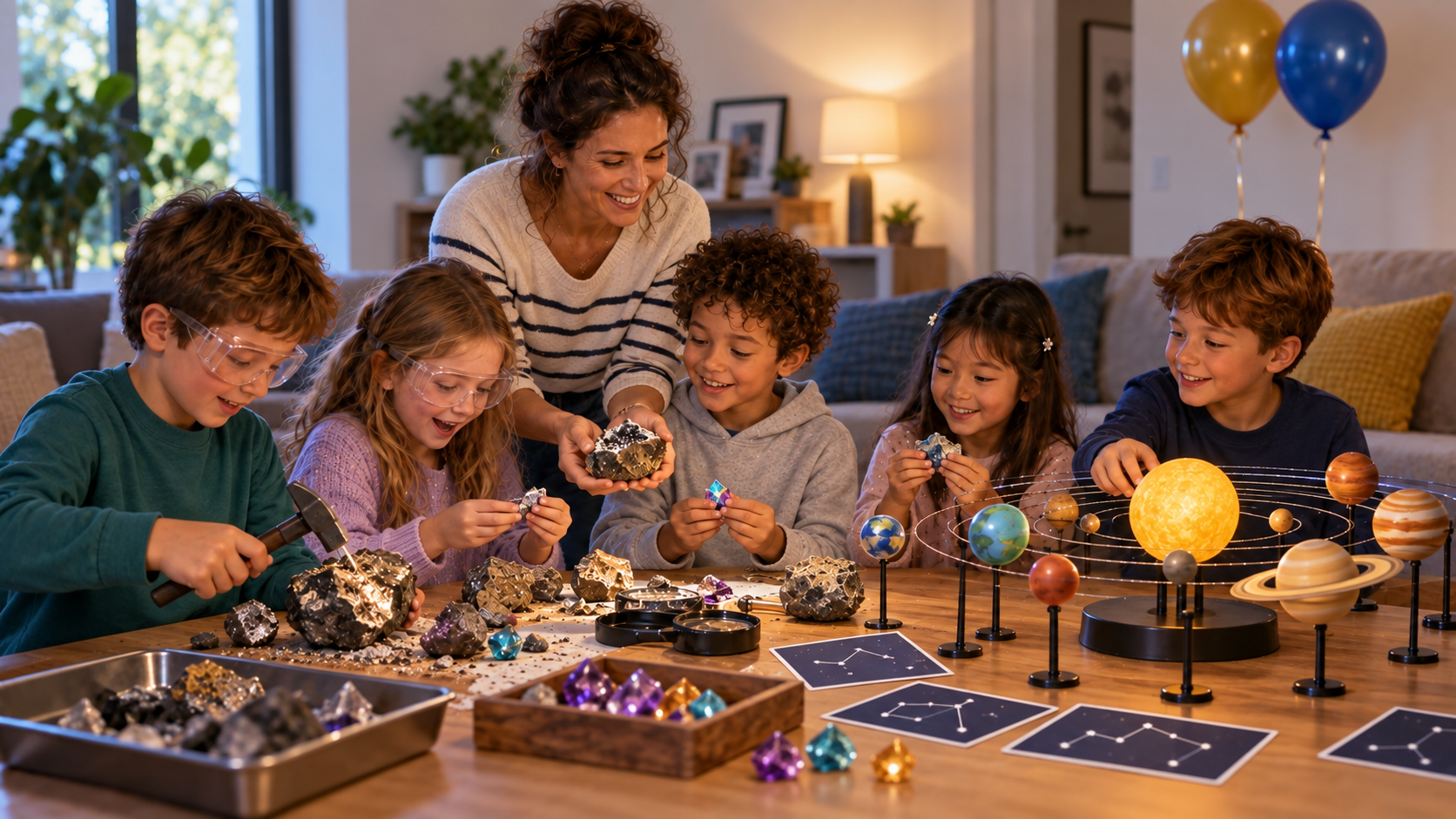 Enfants explorant les météorites et le système solaire lors d’un anniversaire