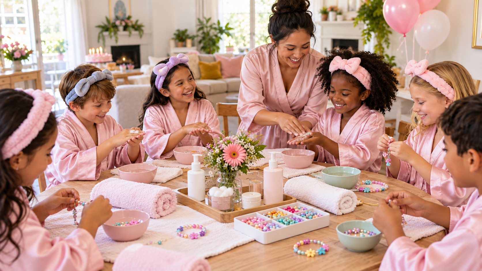 Enfants en kimonos roses participant à une Beauty Party
