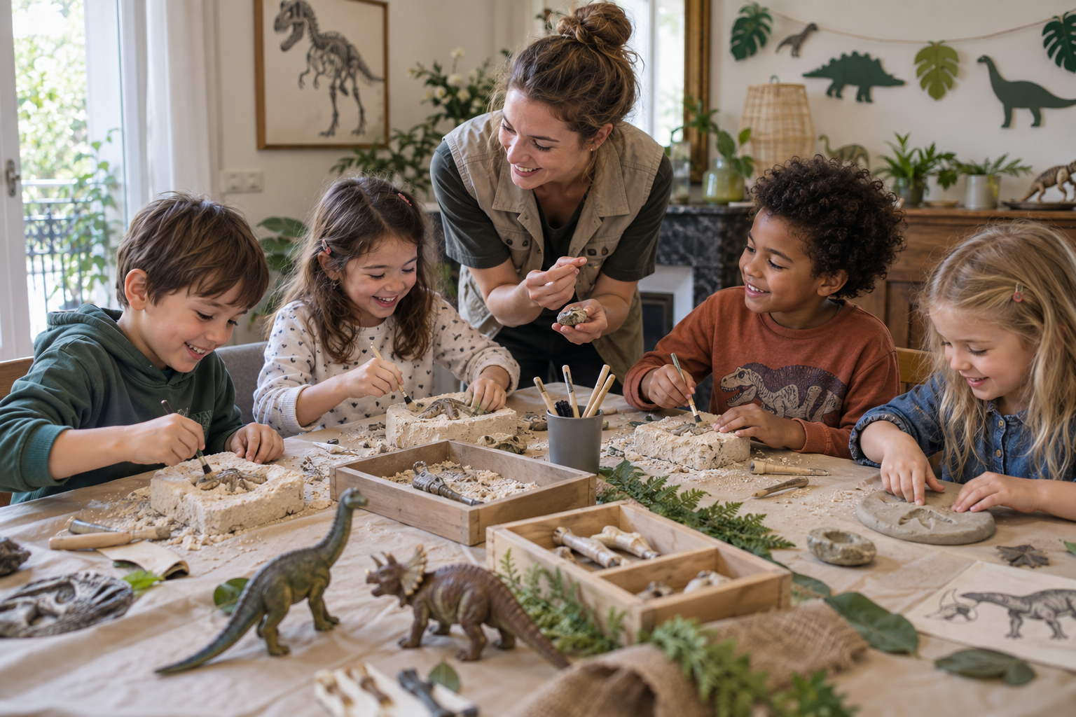 Enfants réalisant une fouille de fossiles pendant un anniversaire dinosaures
