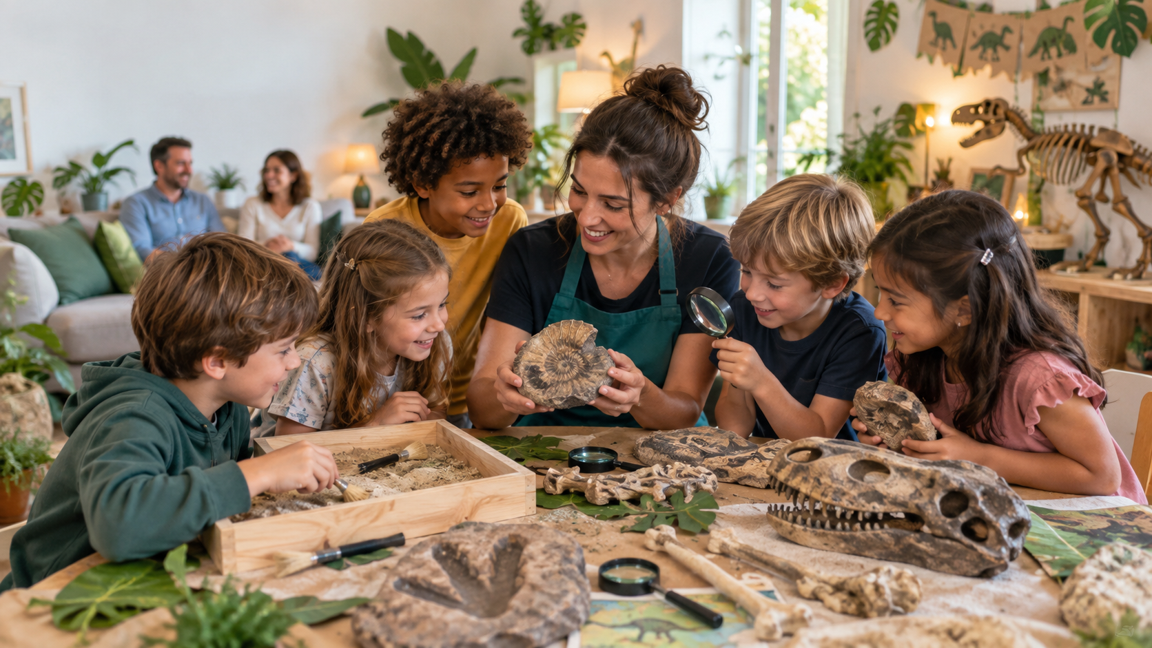 Enfants heureux participant à un anniversaire paléontologie animé à domicile