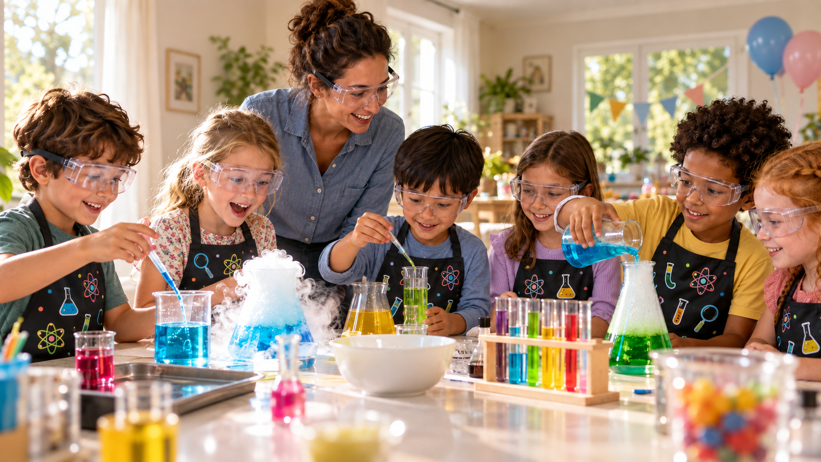 Enfants en tabliers noirs participant à un anniversaire scientifique